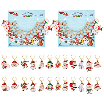 Christmas Theme Alloy Enamel Santa Claus/Snowman Charm Locking Stitch Markers, Golden Tone 304 Stainless Steel Clasp Stitch Marker, Mixed Color, 3.7~4.6cm, 12pcs/set
