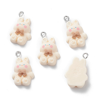 Resin Pendants, with Iron Loop, Rabbit, Antique White, 26x16x6.5mm, Hole: 2.5mm