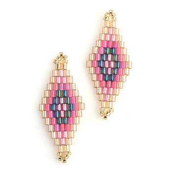 MIYUKI & TOHO Japanese Seed Beads, Handmade Links, Rhombus Loom Pattern, Hot Pink, 31~32.5x13~13.5x1.5~2mm, Hole: 1mm