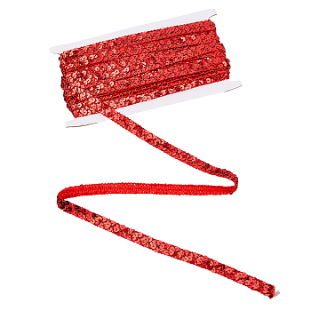 Plastic & Polyester Paillette Elastic Beads, Sequins Beads, Ornament Accessories, 2 Rows Paillette Roll, Flat Round, Red, 15x1.5mm, 13m/card