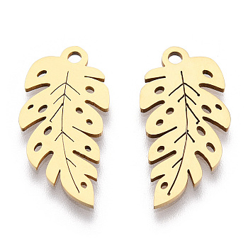 201 Stainless Steel Pendants, Leaf Charm, Golden, 21x10.5x1mm, Hole: 1.5mm