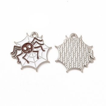 Rack Plating Halloween Alloy Enamel Pendants, Cadmium Free & Nickel Free & Lead Free, Spider Web with Spider, Platinum, Saddle Brown, 20.5x20.5x1.5mm, Hole: 1.6mm