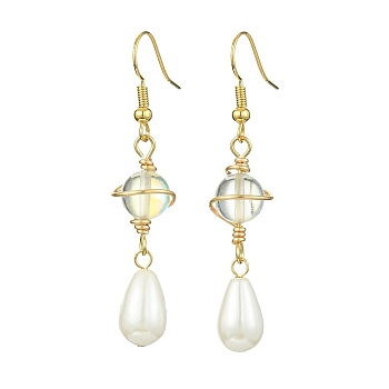 Natural Pearl Dangle Earrings, Alloy Wire Wrap Drop Earrings, Golden, 52~53x10.5mm