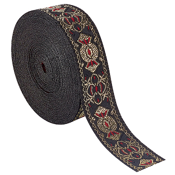 Ethnic Embroidery Polyester Flat Ribbons, Jacquard Ribbon, Black, 1 inch(25mm)