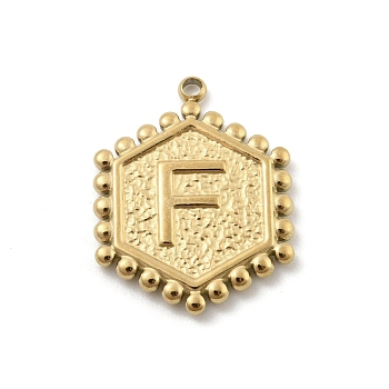 201 Stainless Steel Pendants, Golden, Hexagon with Letter Charm, Letter F, 21x16.5x2mm, Hole: 1.5mm