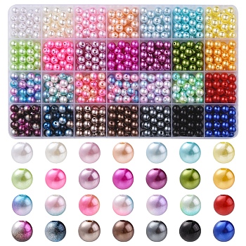 840Pcs 28 Styles ABS Plastic Imitation Pearl Beads, Round, Mixed Color, 7.5~8x7.5~9.5mm, Hole: 1.6~2.3mm, about 30pcs/style