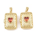 Brass & Glass Locket Pendants, Sunburst Rectangle with Heart Pattern Charms, Cadmium Free & Lead Free, Long-Lasting Plated, Rack Plating, Real 18K Gold Plated, Coral, 23x15.5x7.5mm, Hole: 5x3mm(CU-CBA415D-03G)