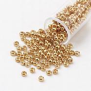 8/0 Grade A Round Glass Seed Beads, Dyed, Goldenrod, 3x2mm, Hole: 1mm, about 1111pcs/50g(X-SEED-N002-C-0561)