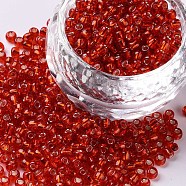 8/0 Glass Seed Beads, Silver Lined Round Hole, Round, Red, 3mm, Hole: 1mm, about 10000 beads/pound(SEED-A005-3mm-25)