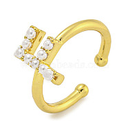 Rack Plating Brass Open Cuff Rings for Women, with ABS Imitation Pearl, Cadmium Free & Lead Free, Long-Lasting Plated, Letter, Letter F, Inner Diameter: 17mm, Letter F: 11x7mm.(RJEW-F162-01G-F)