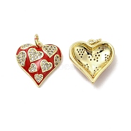 Real 18K Gold Plated Brass Micro Pave Clear Cubic Zirconia Pendants, with Jump Ring & Enamel, Heart Charm, Red, 17x16.5x4mm, Hole: 3.5mm(KK-E068-VB216-2)