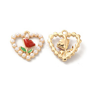 Rack Plating Alloy Enamel Pendants, with Imitation Pearl Beaded, Nickel Free, Heart with Flower Charms, Golden, 18x18x4mm, Hole: 1.6mm(ENAM-O050-02G)