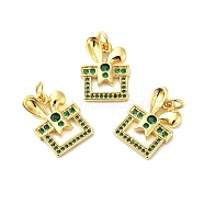 Rack Plating Brass Pave Cubic Zirconia Pendants, Lead Free & Cadmium Free, Real 18K Gold Plated, Long-Lasting Plated, Gift Box Charm, Green, 17.5x13x2mm, Hole: 3.4mm(KK-O142-12G)