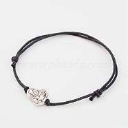 Adjustable Tibetan Style Zinc Alloy Beads and Waxed Cotton Cord Bracelets, Buddha, Black, 42~80mm(BJEW-JB02334)