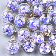 Glass Ball Pendants, with Glitter Sequins and CCB Plastic Findings, Round with Heart, Golden, Mauve, 21x15.5~16mm, Hole: 2mm(X-GLAA-T003-07B)