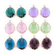 Glass Pendants, with Golden Tone Brass Findings, Imitation Jade, Faceted, Oval, Mixed Color, 28x19x7.5mm, Hole: 2mm(GLAA-Q088-012)