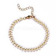 Brass Enamel Cobs Chain Bracelets, with 304 Stainless Steel Lobster Claw Clasps, White, Real 18K Gold Plated, 7-3/8 inch(18.6cm)(BJEW-JB05754)