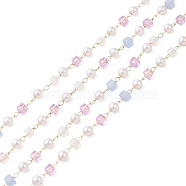 Faceted Cube Glass & ABS Plastic Imitation Pearl Beaded Chains, with Light Gold 304 Stainless Steel Findings, Soldered, Violet, Cube: 2.5x2.5x2.5mm, Round: 2.5x3mm(CHS-G026-02KCG-02)