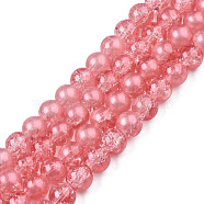 Translucent Crackle Glass Beads Strands, with Glitter Powder, Round, Light Coral, 8x7.5mm, Hole: 1mm, about 100~105Pcs/strand, 31.50 inch~33.07 inch(80cm~84cm)(CCG-T003-01D)