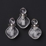 Natural Quartz Crystal Perfume Bottle Pendants, with Platinum Brass Findings, Rhombus, 35mm, Hole: 1.6mm(G-D058-13P-03)