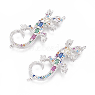 Brass Micro Pave Cubic Zirconia Links, Gecko, Colorful, Platinum, 33x15.5x3mm, Hole: 1.2mm(ZIRC-O034-09P)
