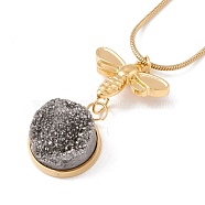 Natural Quartz Bee with Flat Round Pendant Necklace with 304 Stainless Steel Snake Chain, Druzy Gemstone Jewelry for Women, Golden, Gray, 17.91 inch(45.5cm)(NJEW-K244-13G)