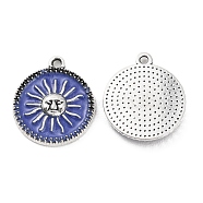 Alloy Enamel Pendants, Platinum, Flat Round with Sun Charm, Royal Blue, 19x16x2.5mm, Hole: 1.2mm(FIND-C032-08A-01P)