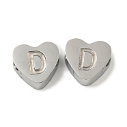 Tarnish Resistant 304 Stainless Steel Beads, Heart with Letter, Stainless Steel Color, Letter D, 7x8x3mm, Hole: 2mm(STAS-H219-16P-D)