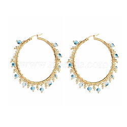 Round Enamel Evil Eye Brass Hoop Earrings, with Curb Chain & Beads, 304 Stainless Steel Ear Pin, Ring, Golden, 55x53mm, Pin: 0.7mm(EJEW-JE04570)