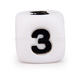 Silicone Beads, for Bracelet or Necklace Making, Black Arabic Numerals Style, White Cube, Num.3, 10x10x10mm, Hole: 2mm(SIL-TAC001-03A-3)