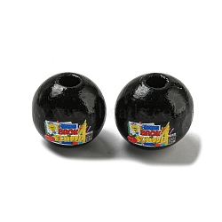 Printed Wood European Beads, Large Hole Beads, Round, Black, 16~16.5x14.5~15mm, Hole: 4mm(WOOD-L020-D05)