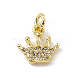 Brass Micro Pave Cubic Zirconia Charms, with Jump Rings, Crown Charm, Real 18K Gold Plated, 10x10x2mm, Hole: 2.7mm(ZIRC-F132-82G)