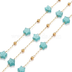 Ion Plating(IP) 304 Stainless Steel Satellite Chains, with Natural Amazonite Star Beaded, Unwelded, with Spool, Golden, 4x4x2mm(CHS-G019-01G-10)