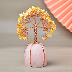 Natural Citrine Chips Tree of Life Decorations, Rose Quartz Base with Copper Wire Feng Shui Energy Stone Gift for Home Office Desktop Decoration, 150mm(PW-WG83698-03)