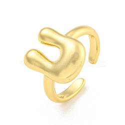 Brass Letter Open Cuff Rings for Women, Adjustable, Real 18K Gold Plated, Letter U, 15~16.5x7~16.5mm(RJEW-G313-01U-G)