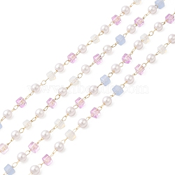 Faceted Cube Glass & ABS Plastic Imitation Pearl Beaded Chains, with Light Gold 304 Stainless Steel Findings, Soldered, Violet, 4x2.5mm, 4x2.5x2.5mm(CHS-G026-02KCG-02)