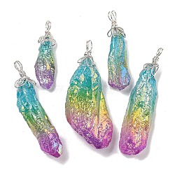 Electroplated Raw Rough Natural Quartz Crystal Big Pendants, Nuggets Charms with Copper Wire Loops, Silver, Colorful, 40~48x13~23x10~20mm, Hole: 4.5~5mm(G-A229-02P-01)