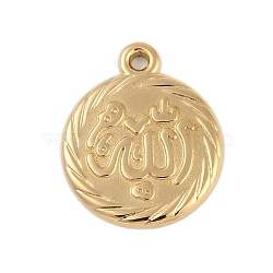 Ion Plating(IP) 304 Stainless Steel Pendants, Flat Round with Allah Charm, Real 18K Gold Plated, 19.5x16.5x2mm, Hole: 1.5mm(STAS-U019-20G)