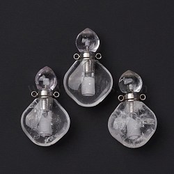 Natural Quartz Crystal Perfume Bottle Pendants, with Platinum Brass Findings, Rhombus, 35mm, Hole: 1.6mm(G-D058-13P-03)