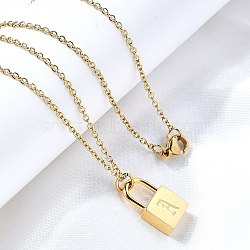 304 Stainless Steel Rolo Chain Pendant Necklaces, Padlock Necklaces for Women Men, Locks with Letter, Letter A, 17.64 inch(44.8cm)(NJEW-S444-01G-01)