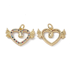 Brass Colorful Cubic Zirconia Pendants, with Jump Ring, Heart with Wings Charms, Real 18K Gold Plated, 16x22.5x2.5mm, Hole: 3mm(KK-E068-VA115-2)