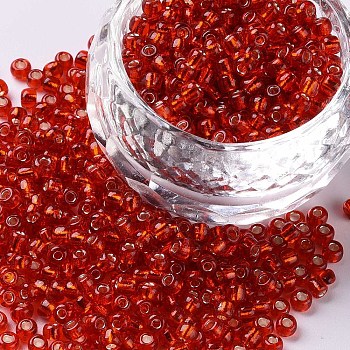 8/0 Glass Seed Beads, Silver Lined Round Hole, Round, Red, 3mm, Hole: 1mm, about 10000 beads/pound