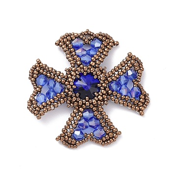 Handmade Loom Pattern Seed Beads, Cross Pendants with Glass Rhinestone, Dodger Blue, 46x42x6mm, Hole: 1.5x2mm