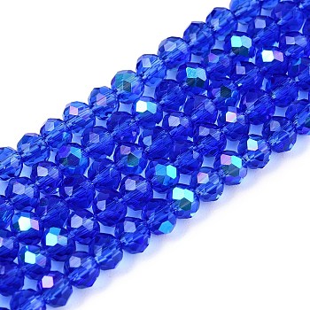 Electroplate Glass Beads Strands, Half Rainbow Plated, Faceted, Rondelle, Medium Blue, 4x3mm, Hole: 0.4mm, about 113~115pcs/strand, 41~41.5cm