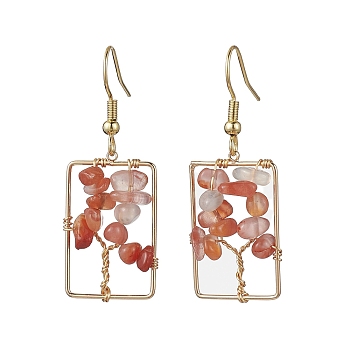 Natural Red Agate Chips Tree Dangle Earrings, Rectangle Real 18K Gold Plated Brass Drop Earrings with 304 Stainless Steel Earring Pins, 44x16.5~17mm
