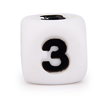Silicone Beads, for Bracelet or Necklace Making, Black Arabic Numerals Style, White Cube, Num.3, 10x10x10mm, Hole: 2mm