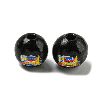 Printed Wood European Beads, Large Hole Beads, Round, Black, 16~16.5x14.5~15mm, Hole: 4mm