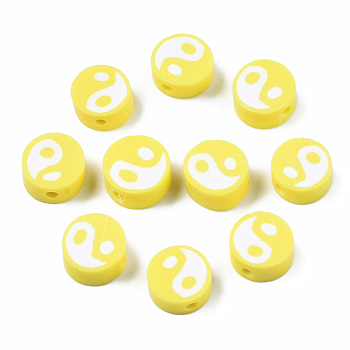 Handmade Polymer Clay Beads, Flat Round with Yin Yang, Yellow, 9~10x9~10x4~7mm, Hole: 2mm
