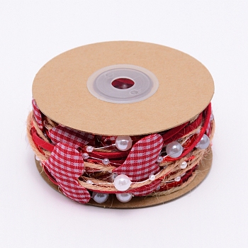Heart Plastic Beaded Trim, with Polyester Ribbon and Jute Twine, for DIY Valentine's Day and Holiday Crafts, Red, 0.2~28mm
