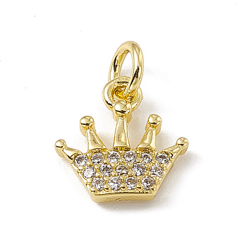 Brass Micro Pave Cubic Zirconia Charms, with Jump Rings, Crown Charm, Real 18K Gold Plated, 10x10x2mm, Hole: 2.7mm
